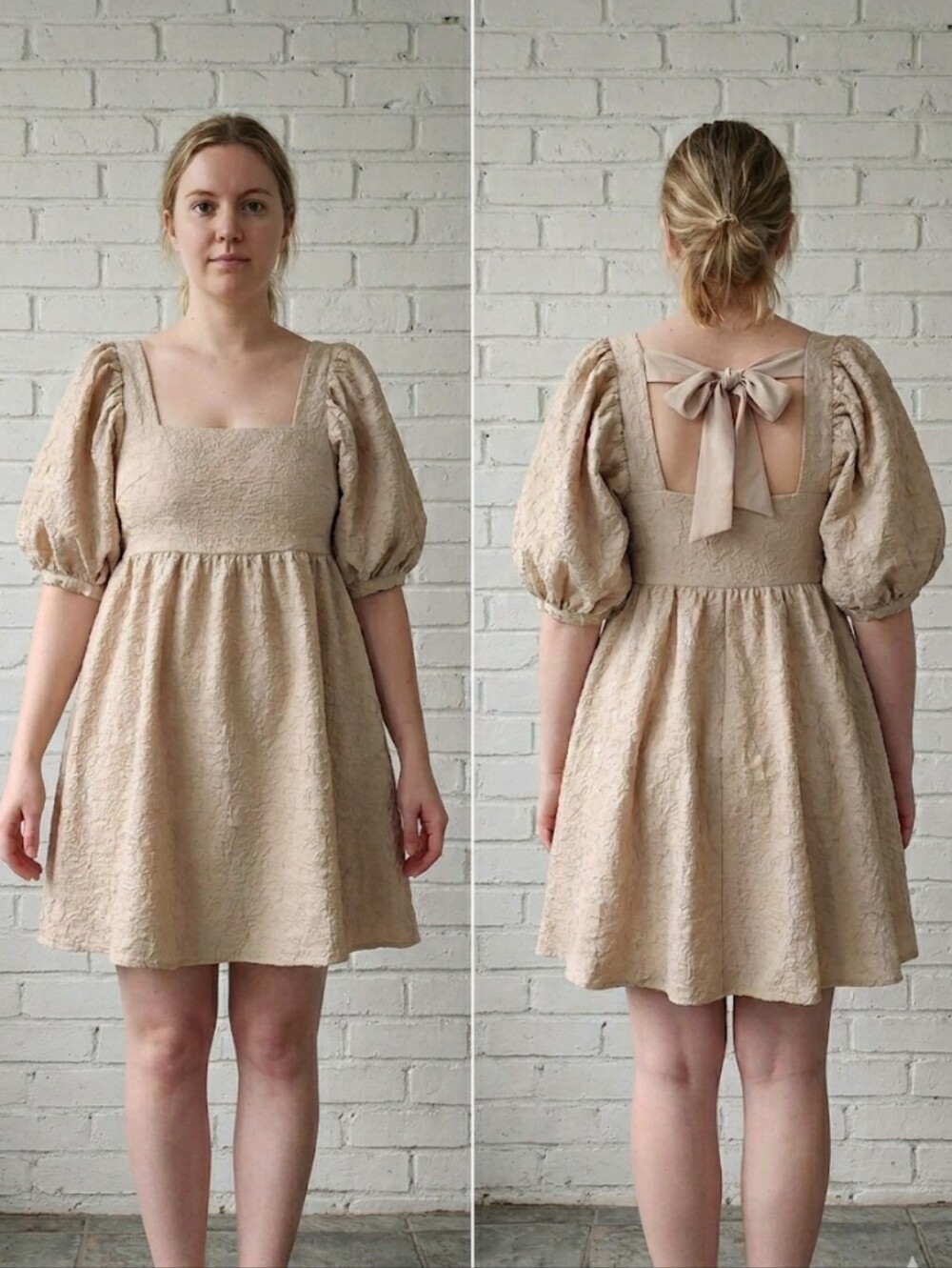ON YOU Beige Textured Puff Sleeve Romantic Babydoll Mini Dress Size Large
